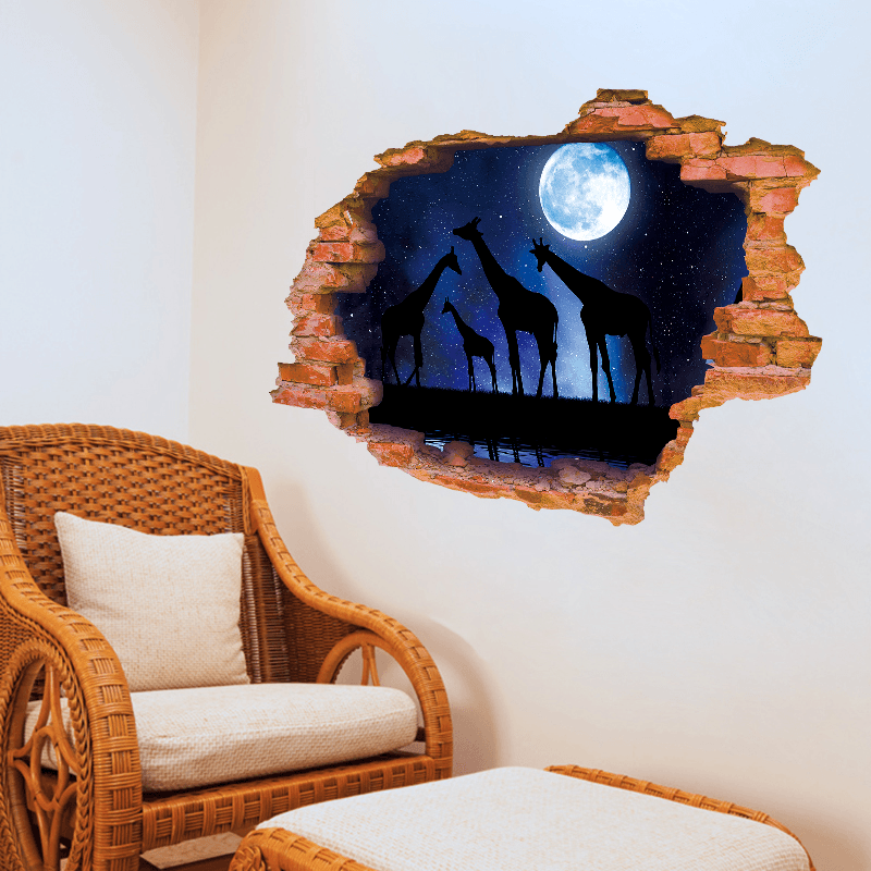 Miico Creative 3D Moon Night Giraffe Broken Wall Removable Home Room Decorative Wall Floor Decor Sticker - MRSLM