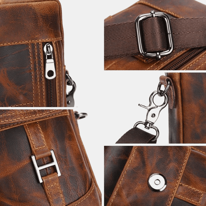 Men Genuine Leather Multifunction Lightweight Crossbody Bag Multi-Pocket Belt Bag Phone Bag - MRSLM