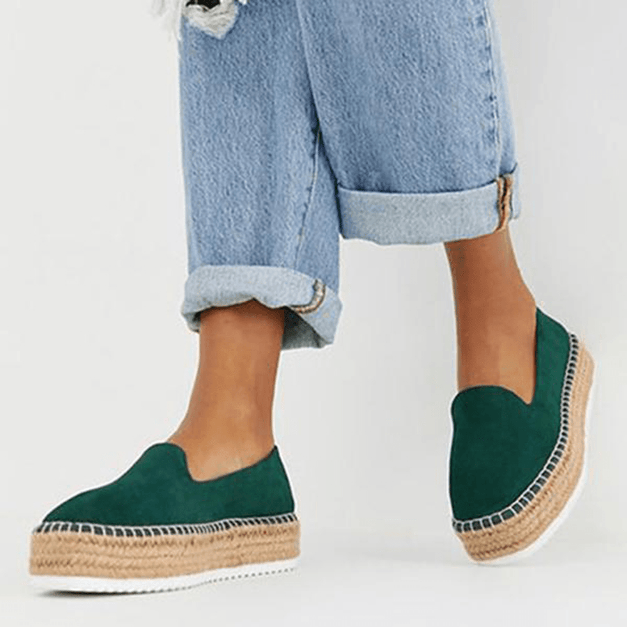 Women Suede Espadrilles Straw Braided Platform Loafers - MRSLM