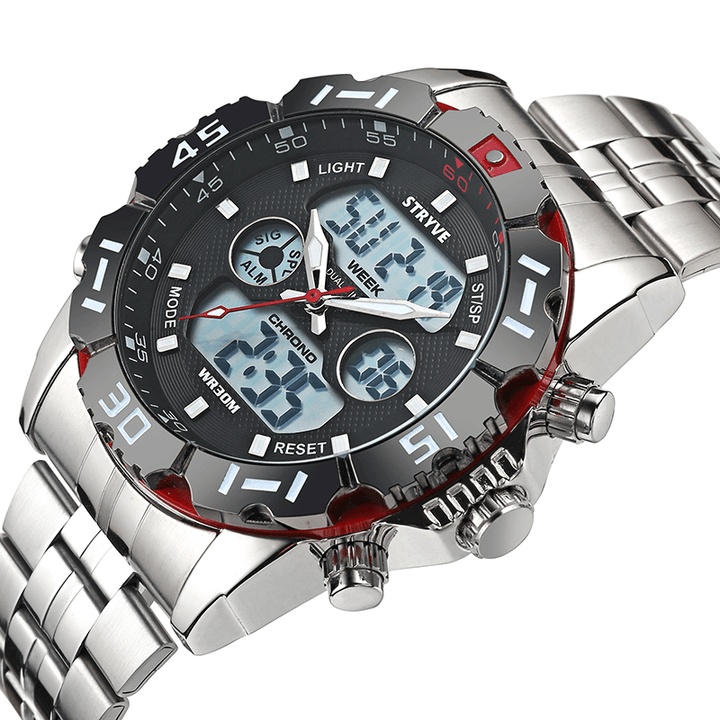 STRYVE S8011 Chronograph Alarm Calendar Stainless Steel Sport Dual Display Digital Watch - MRSLM