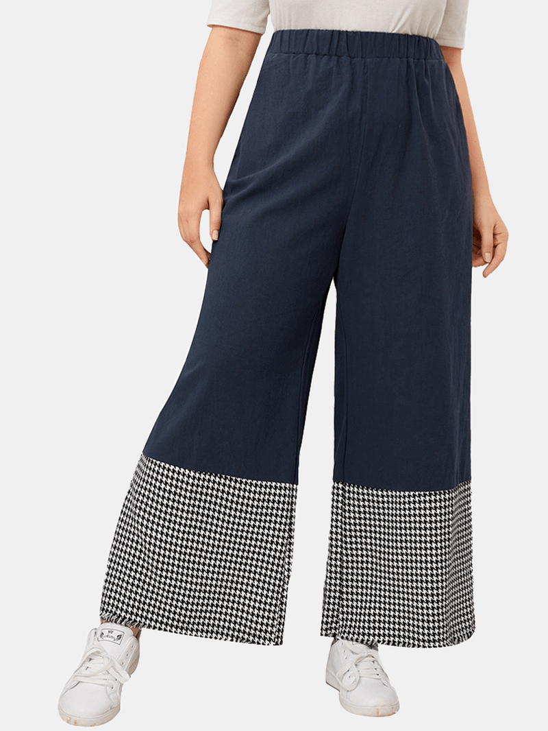 Women Houndstooth Patchwork Loose Casual Elastic Mid Waist Wide Leg Pants - MRSLM