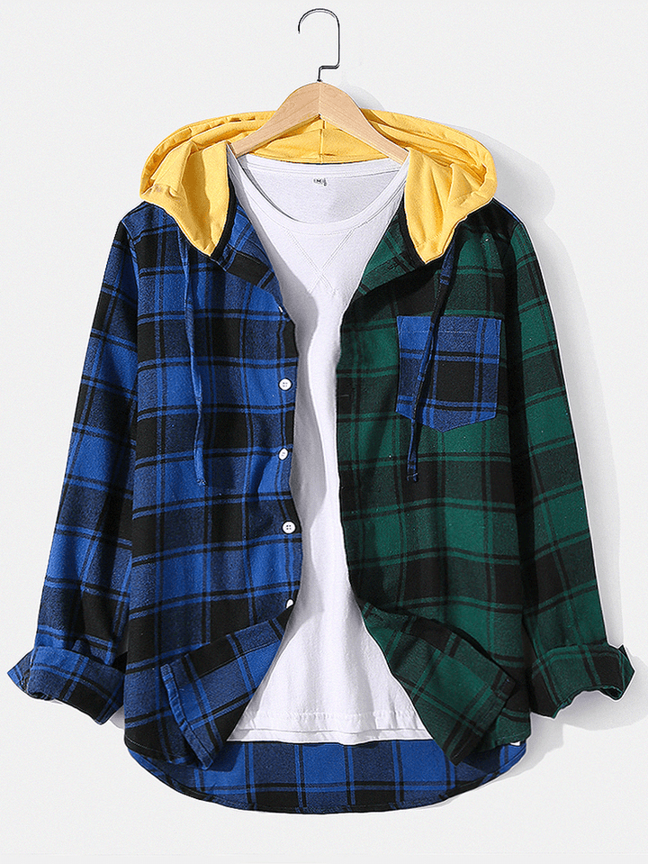 Mens Plaid Patchwork Long Sleeve Chest Pocket Drawstring Hooded Shirts - MRSLM