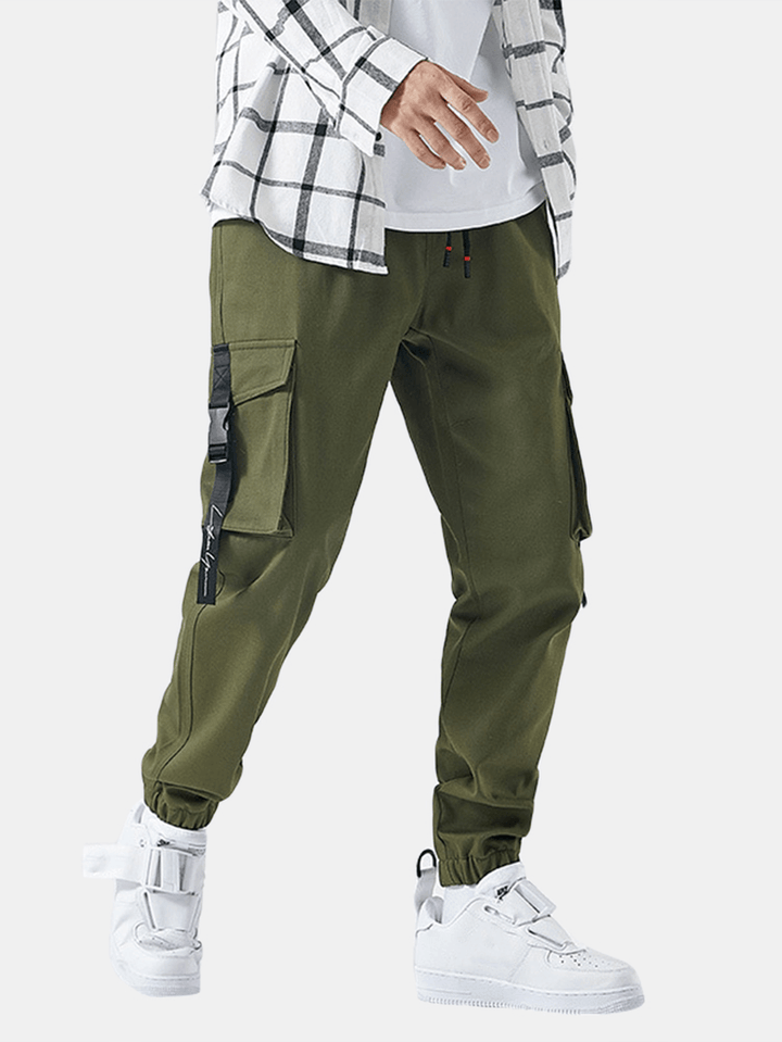 Mens Cotton Solid Drawstring Elastic Ankle Cargo Pants with Push Buckle Pocket - MRSLM