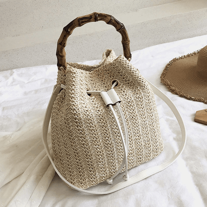 Women Solid Color String Casual Straw Bag Handbag Shoulder Bag Crossbody Bags Bucket Bag - MRSLM