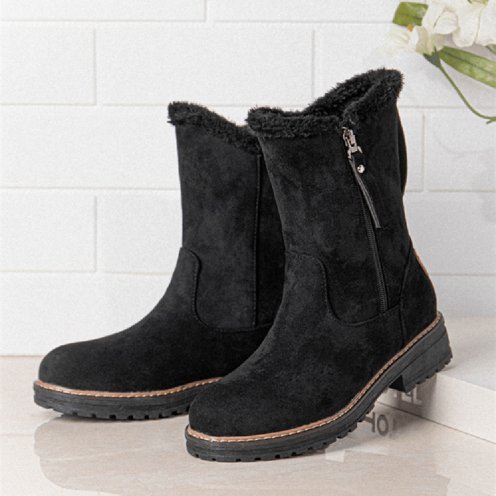 Women Casual Suede round Toe Side Zipper Flat Snow Boots - MRSLM