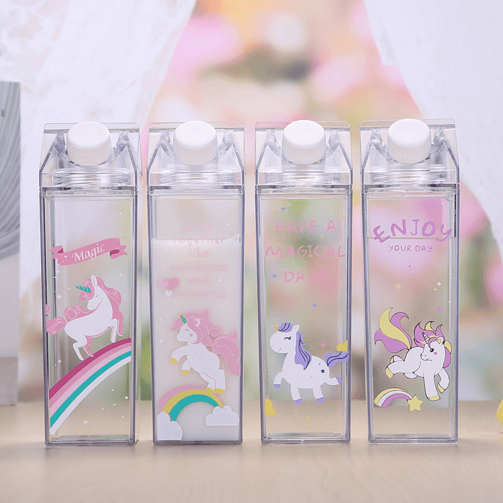 Portable Cup Novelty Milk Carton Shaped Cartoon Unicorn Printed Water Bottle - MRSLM