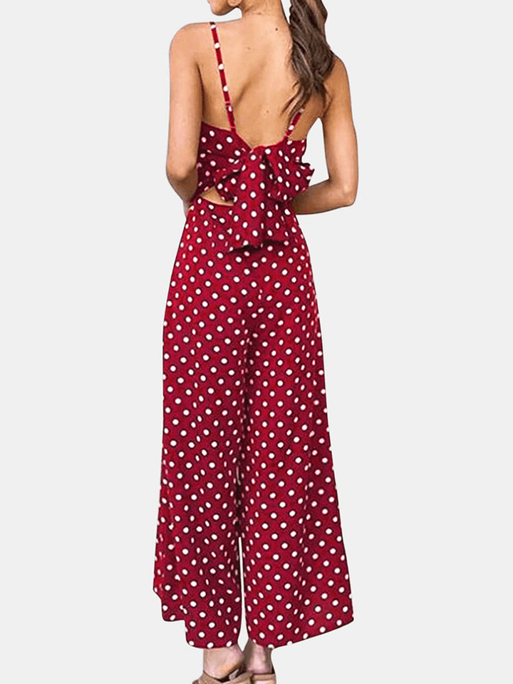 Women Polka Dot Spaghetti Strap Long Rompers Wide Leg Jumpsuit - MRSLM