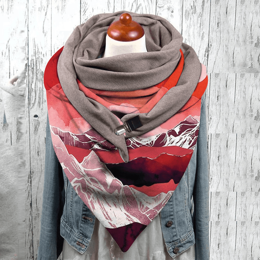 Women Multi-Purpose Colored Landscape Printing Scarf Triangle Autumn Winter Warm Soft Button Scarf Scarves - MRSLM