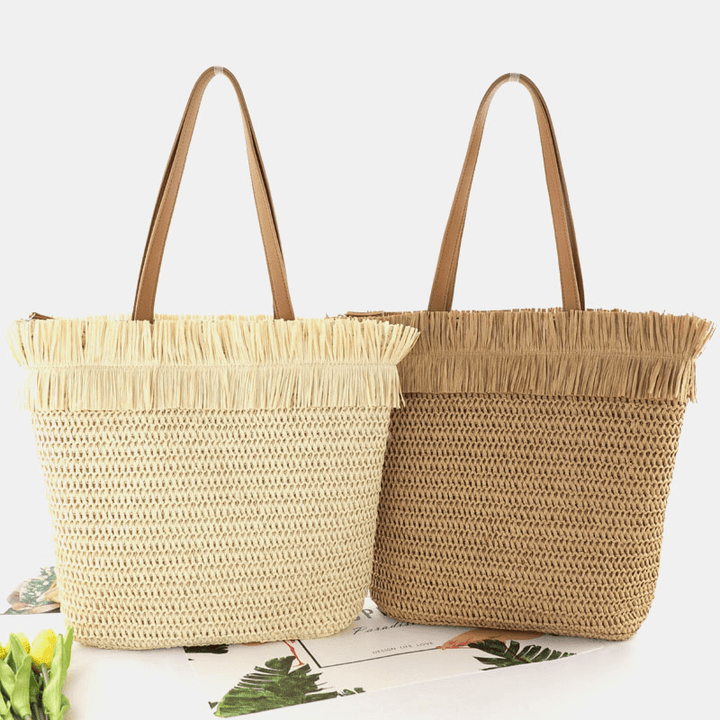 Women Straw Large Capacity Casual Retro Breathable Beach Bag Handbag Shoulder Bag - MRSLM