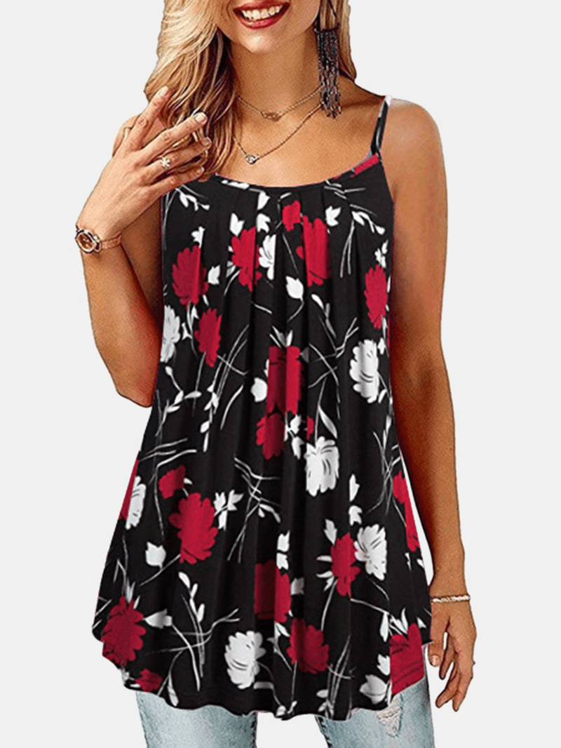 Summer Sleeveless Straps Floral Print Irregular Hem Tank Tops - MRSLM