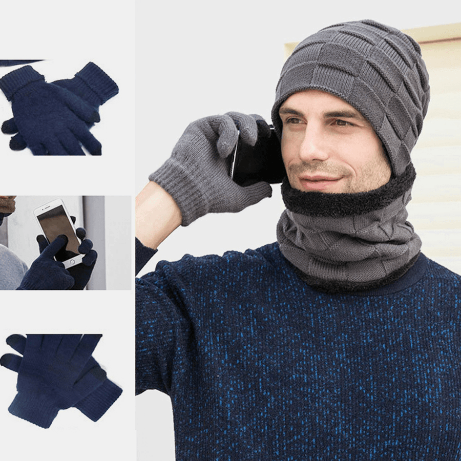 Men 3PCS plus Velvet Keep Warm Winter Neck Protection Headgear Scarf Full-Finger Gloves Knitted Hat Beanie - MRSLM