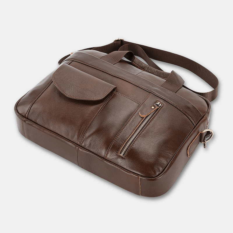 Men Genuine Leather Multi-Pocket Vintage 14 Inch Laptop Bag Briefcases Crossbody Bag Shoulder Bag Handbag - MRSLM