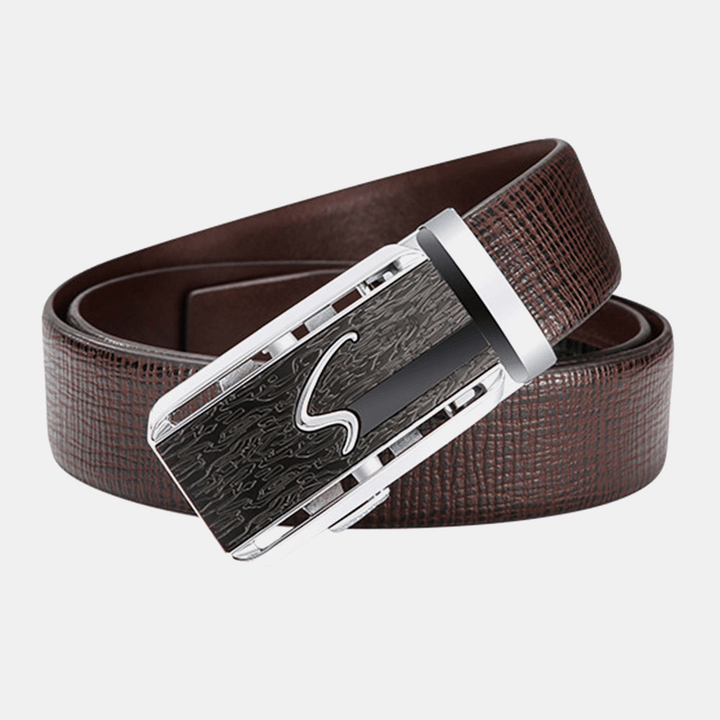 Men Genuine Leather Automatic Buckle 120CM Ratchet Dress Belt Business Jeans Suits Cowhide Belt - MRSLM