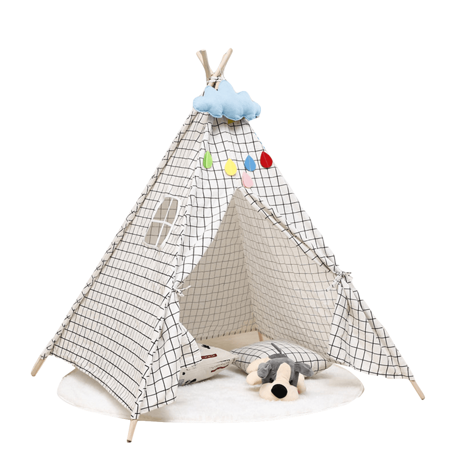 135Cm Kids Teepee Play Tent Pretend Playhouse Indoor Outdoor Children Toddler Indian Canvas Playhouse Sleeping Dome W/ Package Bag Gift - MRSLM