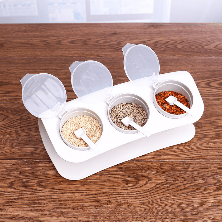 3 Grids Seasoning Bottle Box Condiment Kitchen Storage Container Herb Spice with Spoon - MRSLM