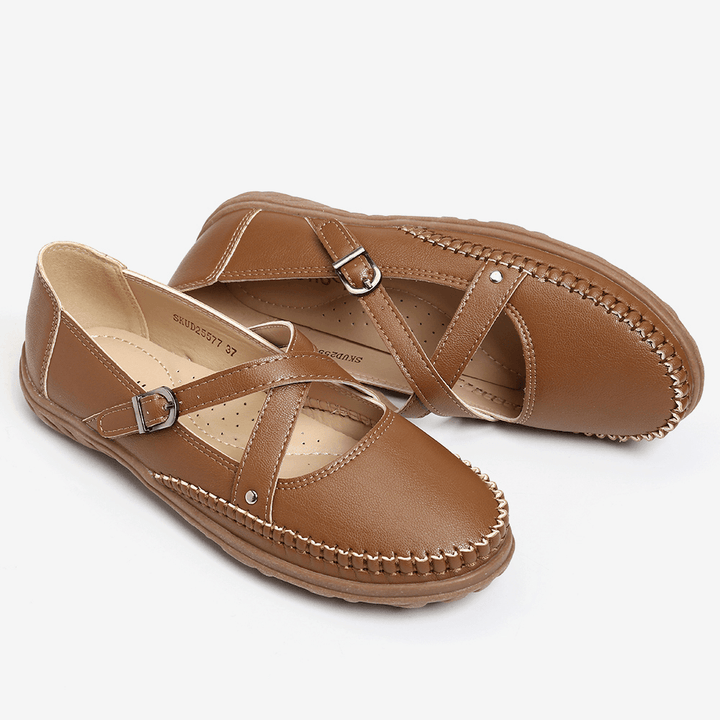 Women Cross Strap Stitching Buckle Slip Resistant Flats - MRSLM