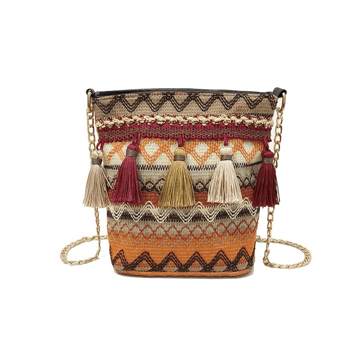 Women Weaving Tassel National Crossbody Bag Chic Bucket Bag - MRSLM