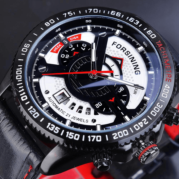 FORSINING A231 Fashion Men Automatic Watch Luminous Date Week Month Display Waterproof Leather Strap Mechanical Watch - MRSLM