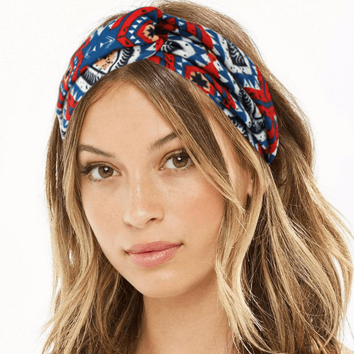 Women Bohemian Style Diamond Lattice Pattern Casual Outdoor Headdress Elastic Cross Tie Wide Brim Headband - MRSLM