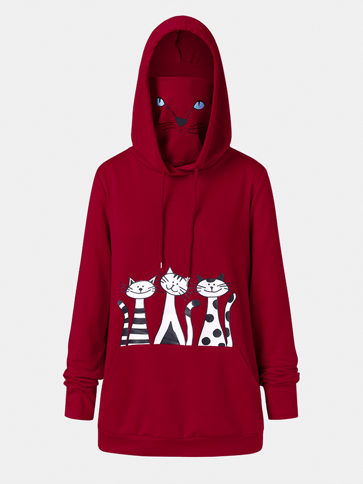 Women Cartoon Cat Print Double Neckline Masked Long Sleeve Hooded Sweatshirts - MRSLM