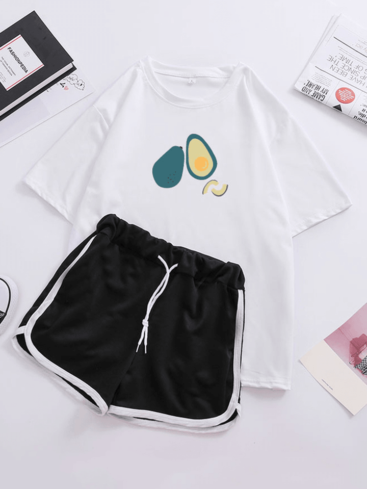 Women Casual Avocado Print Pajamas Set Short Sleeve Sleepwear - MRSLM