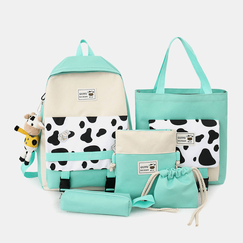 5 PCS Canvas Preppy Cow Pattern Multifunction Combination Bag Backpack Tote Crossbody Bag Clutch Wallet - MRSLM