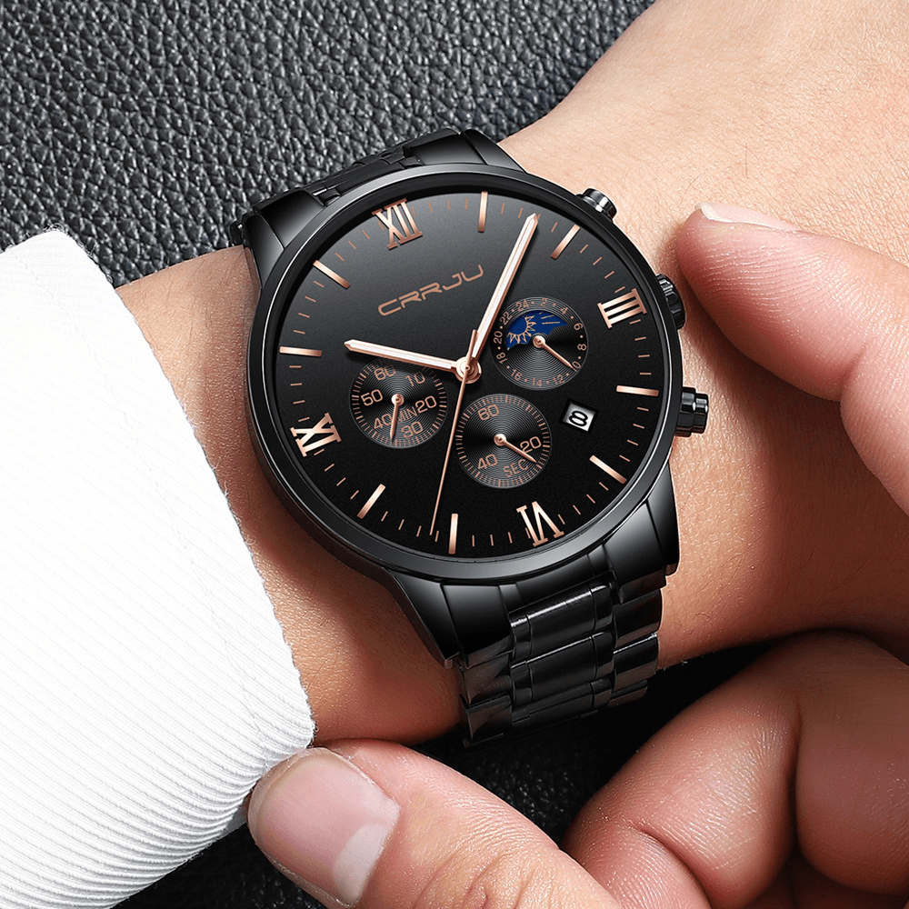 CRRJU 2159 Creative Sun Moon Men Business Style Chrono 316L Stainless Steel Strap Quartz Watch - MRSLM