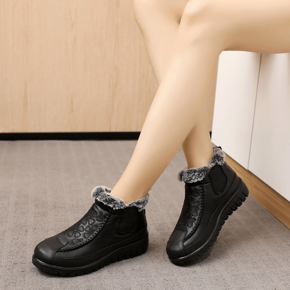 Women Comfy Floral Embroidered Waterproof Warm Lining Cotton Snow Boots - MRSLM