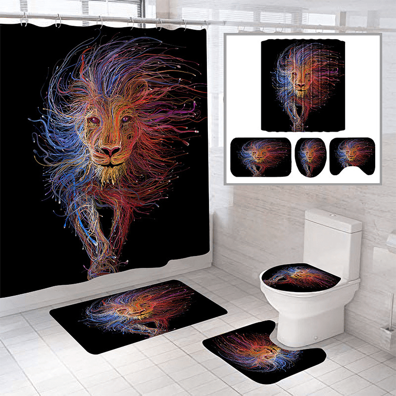 Colorful Lion Pattern Shower Curtain Bath Mat Toilet Pad Set Anti-Slip Toilet Pattern Carpet for Bathroom Decoration - MRSLM