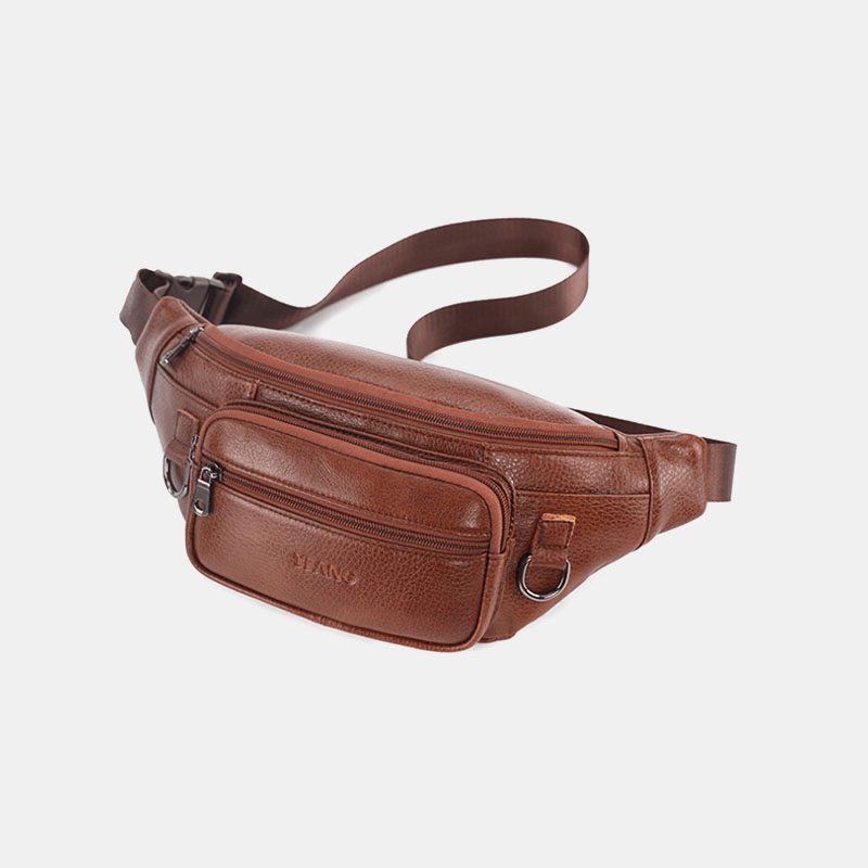 Men Genuine Leather Solid Color Multi-Carry Crossbody Bag Chest Bag Belt Bag Waist Bag - MRSLM