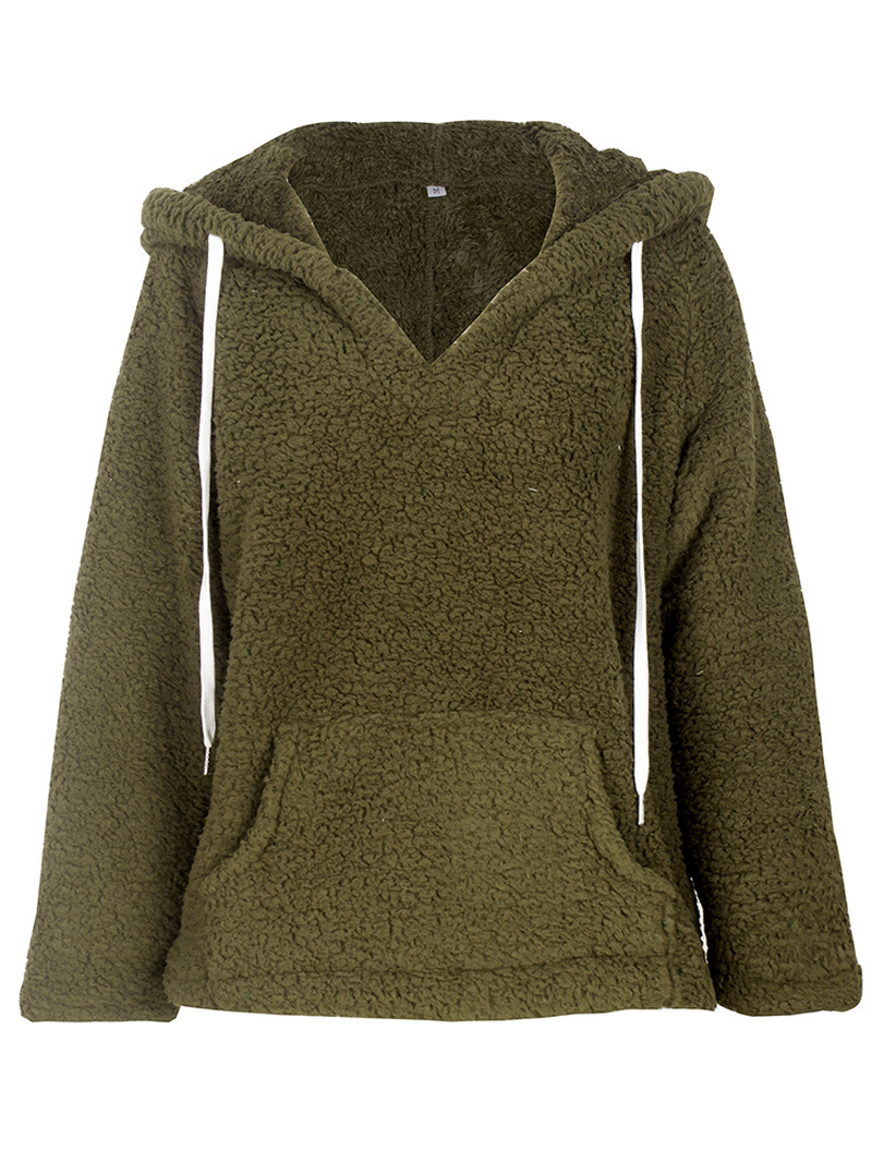 Women V-Neck Hooded Solid Color Fleece Coats - MRSLM