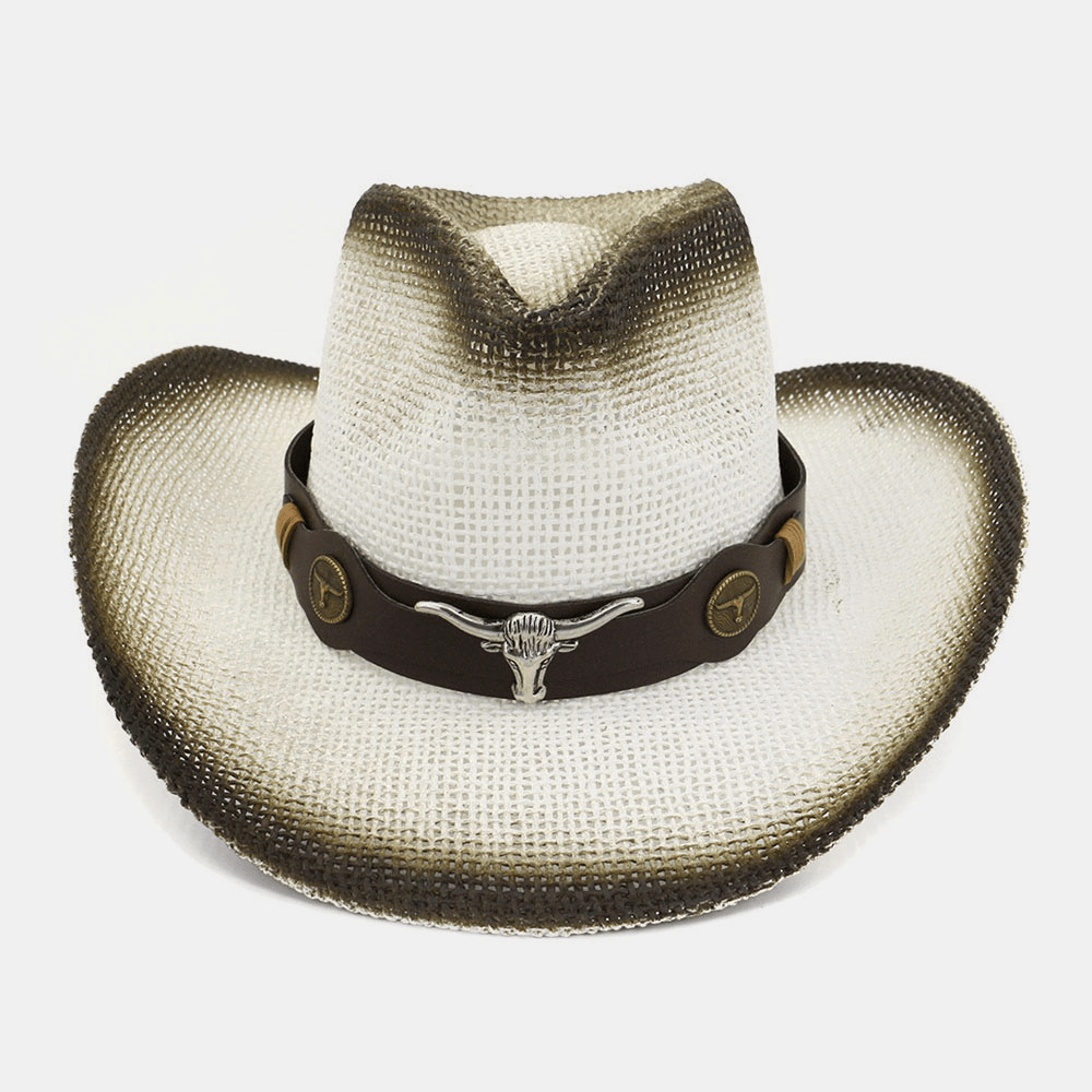 Men Sunscreen Travel Outdoor Summer Beach Hat Western Cowboy Style Spray Straw Hat - MRSLM