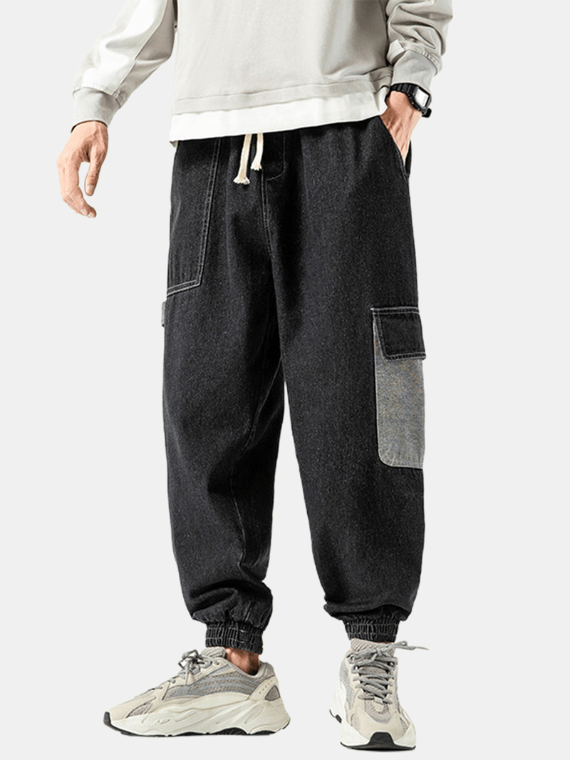 Mens Drawstring Elastic Waist Loose Jogger Jeans with Pocket - MRSLM