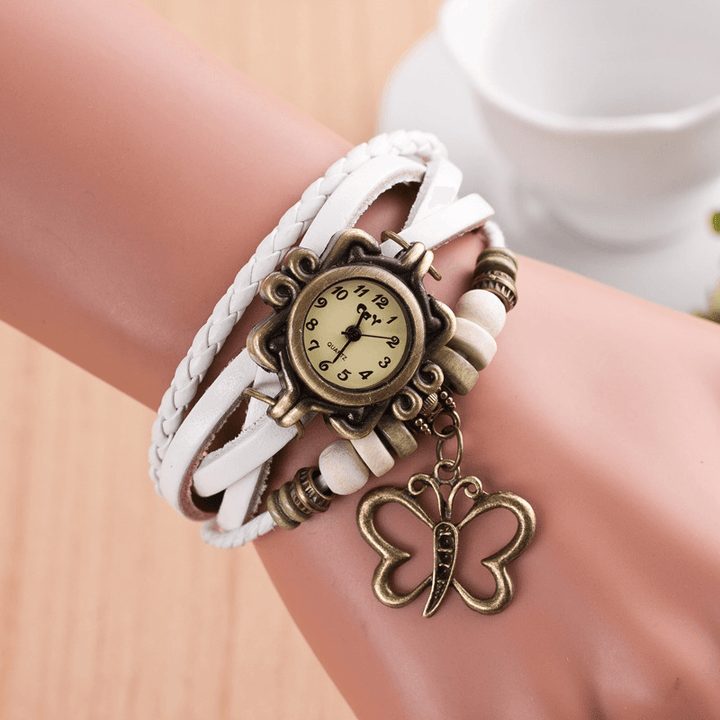 DOLAOR Multilayer Vintage Women Watch Hollow Butterfly Pendant Leather Retro Bracelet Watch - MRSLM