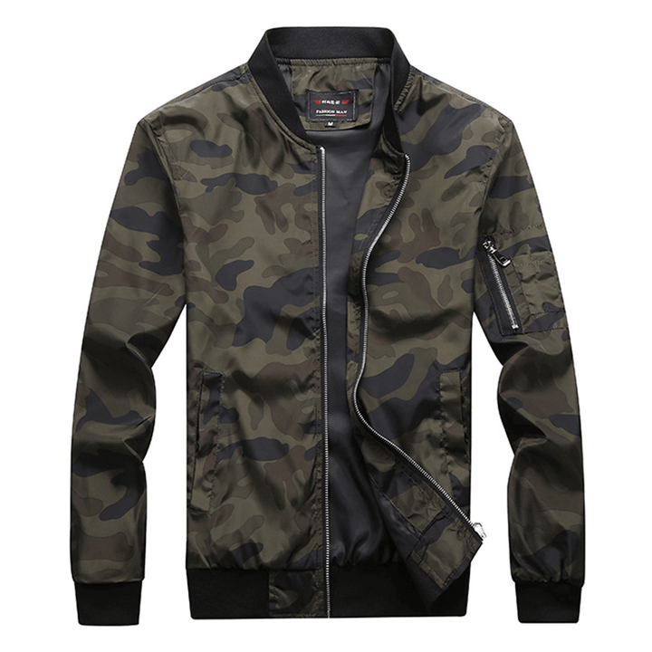 Mens Military Camouflage plus Size Arm Zipper Pocket Casual Jacket - MRSLM