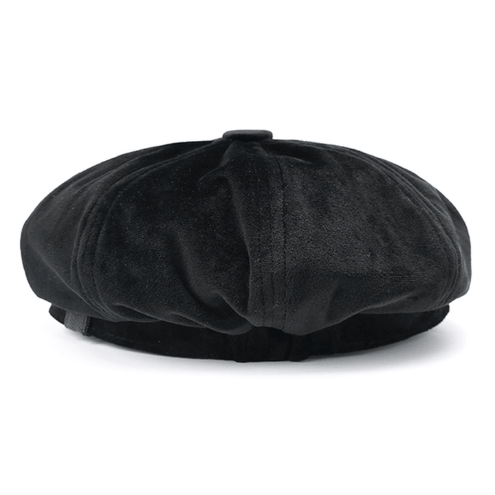 Men'S Solid Velvet Octagonal Cap Winter Warm Casual Newsboy Gentleman Cabbie Hats - MRSLM