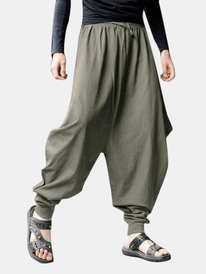 Mens Casual Cotton Linen Solid Color Baggy Loose Harem Pants - MRSLM