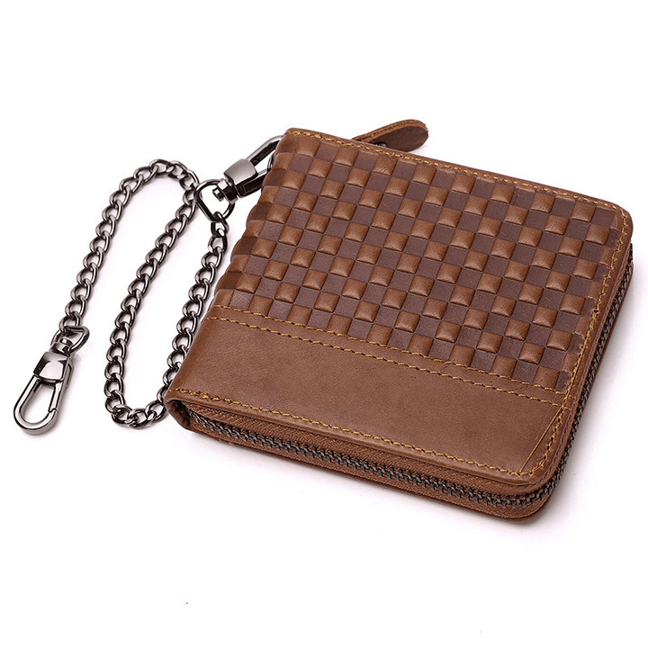 Men Genuine Leather Chain RFID Blocking Anti-Theft Zipper Multi-Slot Card Holder Wallet - MRSLM