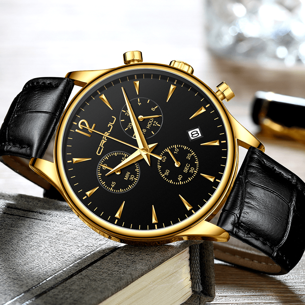 CRRJU 2272 Fashion Leather Strap Japan Movement Calendar Waterproof Men Quartz Watch - MRSLM