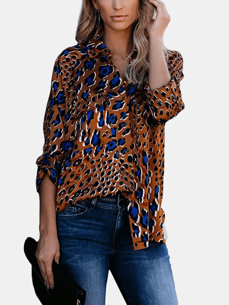 Women Vintage Leopard Print Pockets Turn Dowm Collar Long Sleeve Shirts - MRSLM