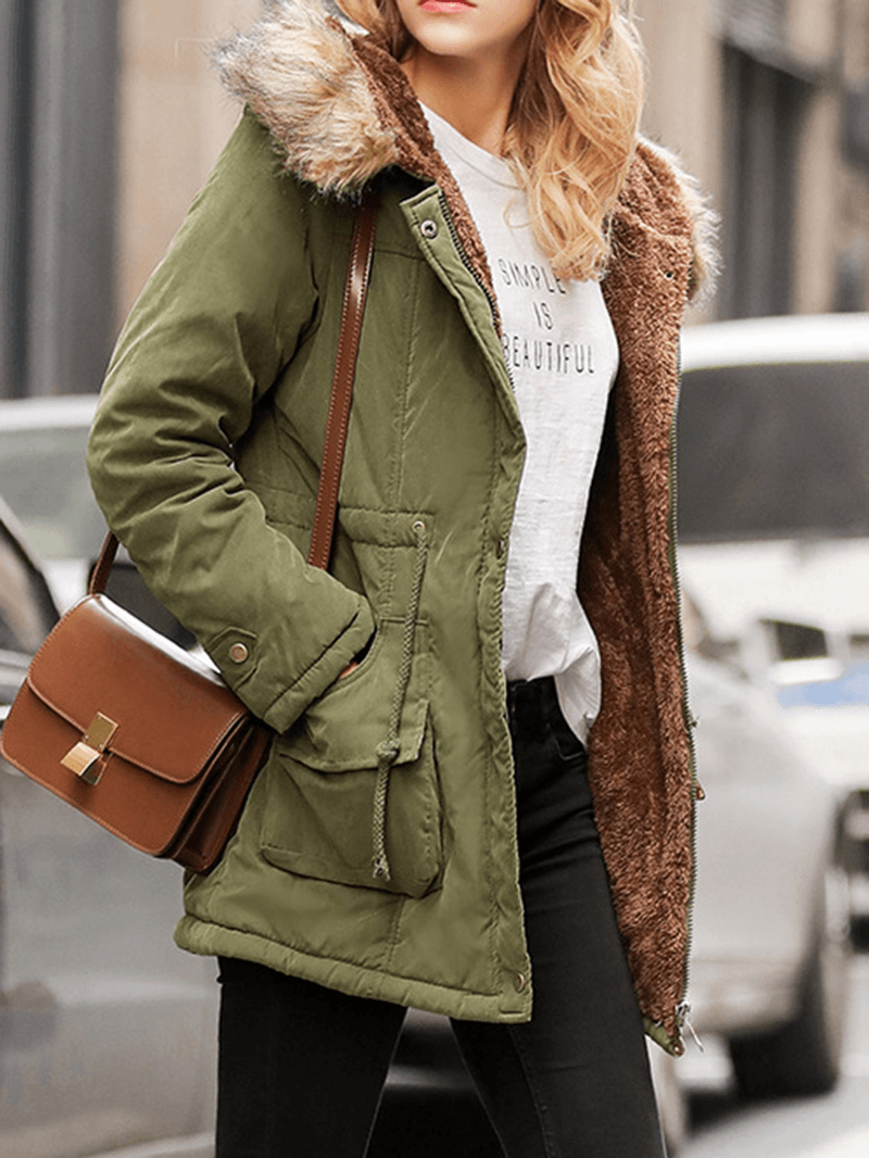 Winter Women Pure Color Fur Collar Hooded Thicken Coats - MRSLM