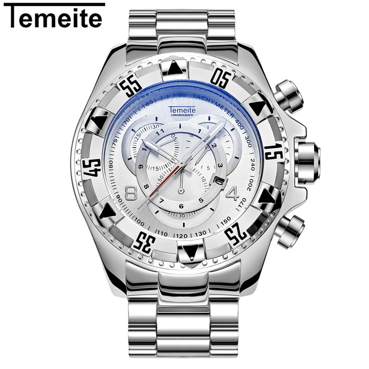 TEMEITE 020G Men Watch Business Waterproof Luminous Stainless Steel Calendar Three-Eyes Quartz Watch - MRSLM