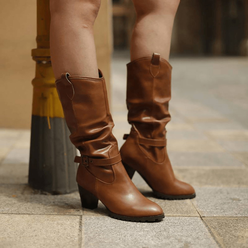 Women Large Size Buckle Belt Decor Mid Calf Chunky Heel Riding Boots - MRSLM