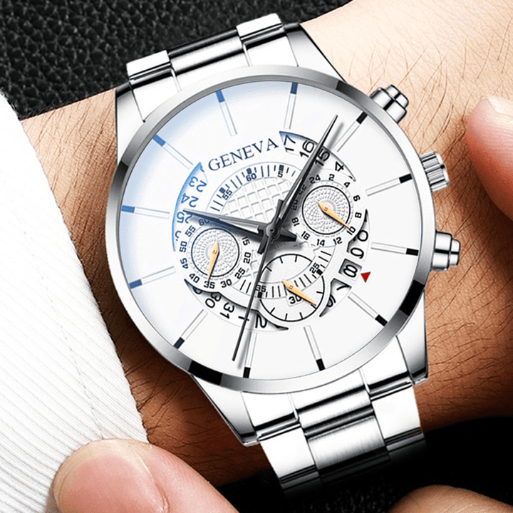 Geneva Business with Calendar Dial Stainless Steel Band Waterproof Men Quartz Watch - MRSLM