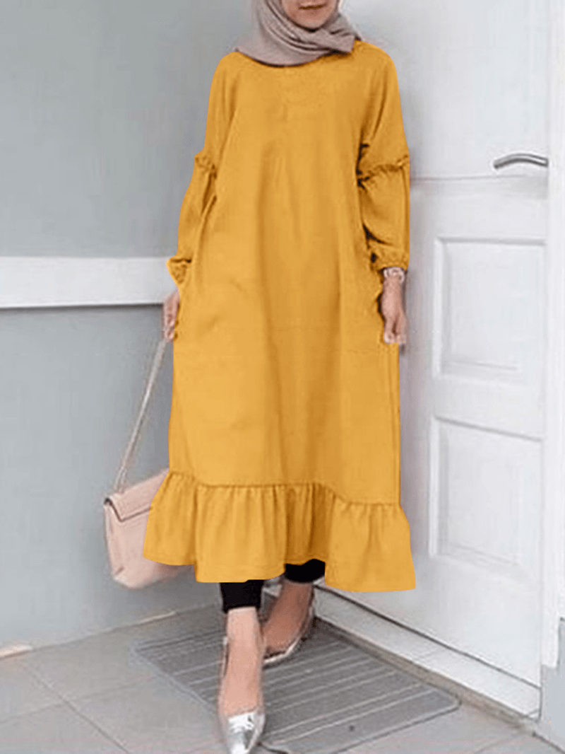 Women Ruffle Hem Trim Solid Color O-Neck Casual Elastic Cuff Shirt Maxi Dress with Pockets - MRSLM