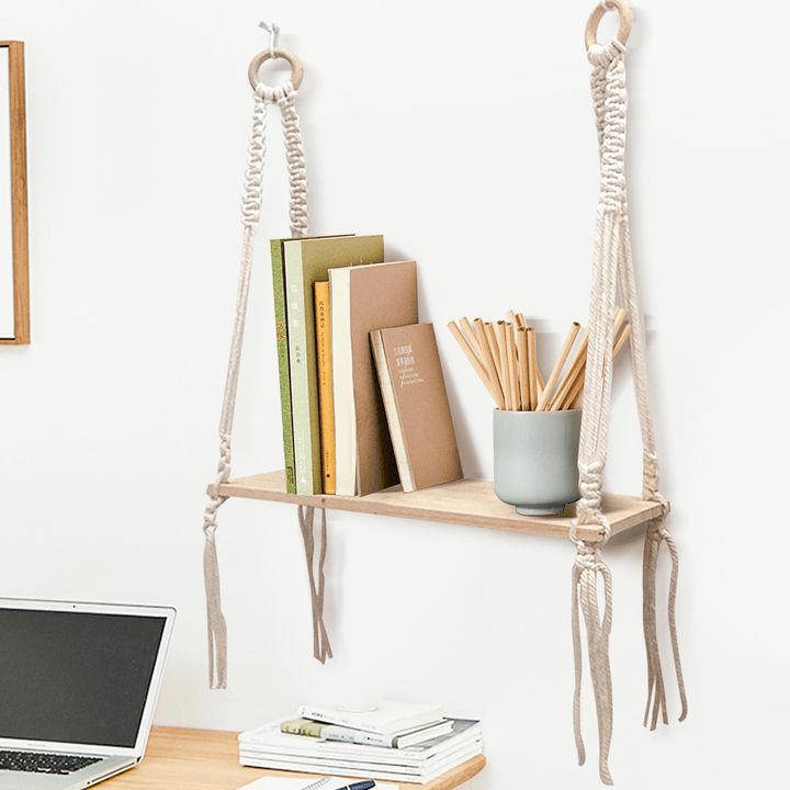 Wooden Bohemian Sling Rack Storage Rack Woven Rope Plant Rack Home DIY Decoration for Home Storage - MRSLM