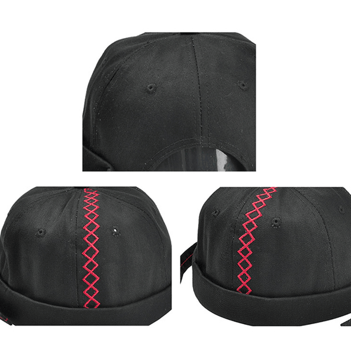 Men Canvas Embroidery Skullcap Rolled Cuff Brimless Hats - MRSLM