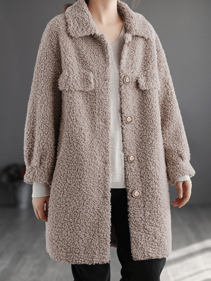 Women Solid Loose Casual Teddy Velvets Wool Daily Leisure Retro Lapel Medium Long Coat - MRSLM