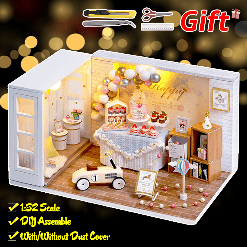 1:32 Wooden DIY Doll House Miniature Kits Handmade Assemble Toy with Furniture LED Light for Gift Collection Home Decor - MRSLM