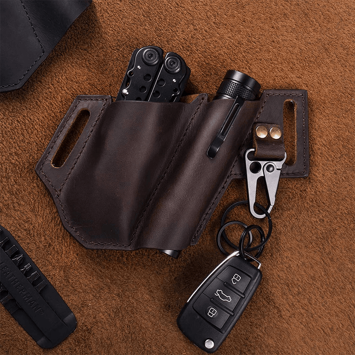 Ekphero EDC Outdoor Genuine Leather Multifunction Flashlight Belt Sheath with Keychain Belt Bag Waist Bag - MRSLM